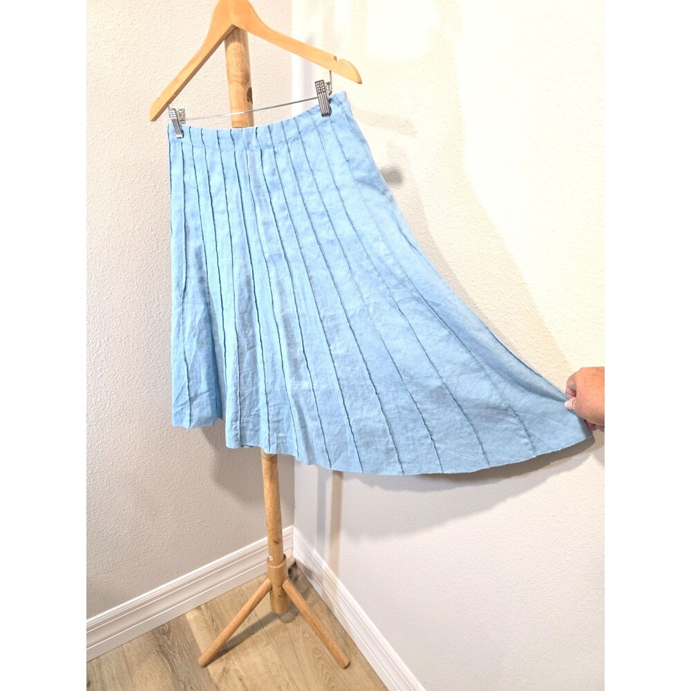 Baby Blue Paneled A Line Flared Skirt 100% Linen Sz 4 Side Zip Euro Summer Vacay